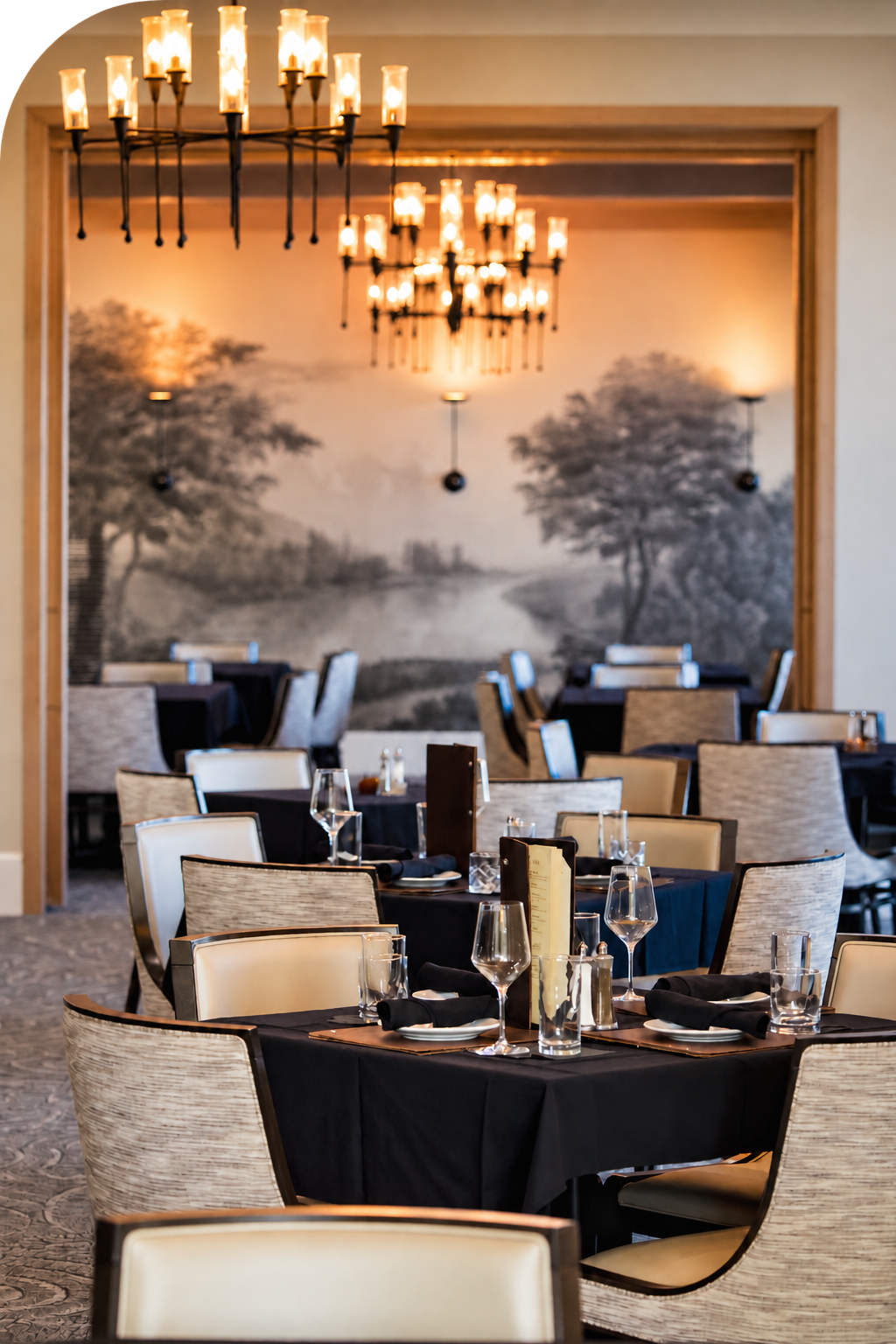 Elegant Warmly Lit Restaurant Dining Room Upper Left Rounded Edge - Transparent Upper Left